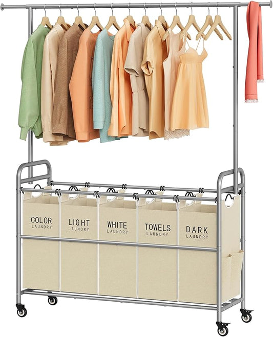 Tajsoon Laundry Sorter with Hanging Bar, 5 Bag Laundry Sorter with Wheels, 246L (65 Gal.) Laundry Hamper with Adjustable Hanging Rack, Laundry Room Organization and Storage, Beige