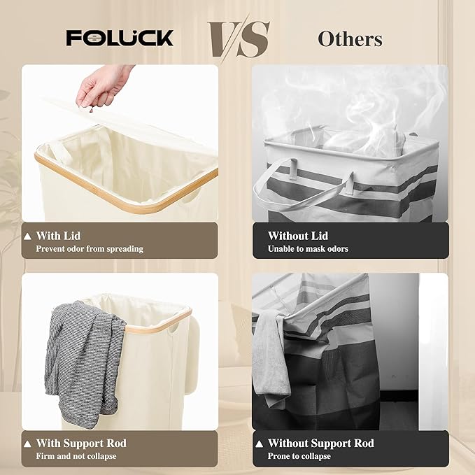 Foluck Large Laundry Hamper, 75L Waterproof Laundry Basket with Lid and Removable Bag, Collapsible Tall Clothes Hamper with Bamboo Handles for Clothes Toys in Dorm Bedroom Bathroom, Beige