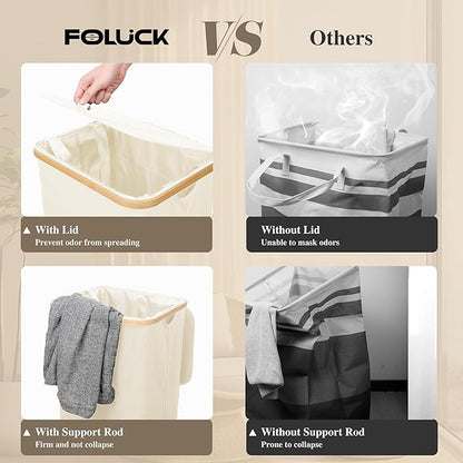 Foluck Large Laundry Hamper, 75L Waterproof Laundry Basket with Lid and Removable Bag, Collapsible Tall Clothes Hamper with Bamboo Handles for Clothes Toys in Dorm Bedroom Bathroom, Beige