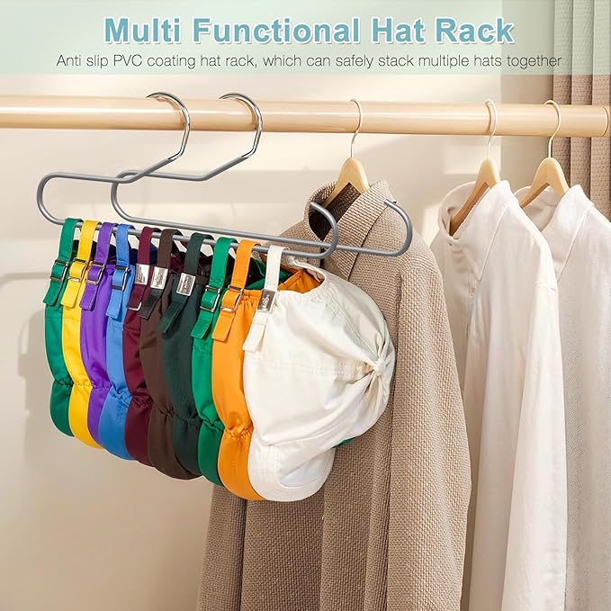 Hat Storage Organizer for Baseball Caps, Lomrsiul Non Slip PVC Coating Hat Rack Hangers for Closet Hat Holder Max 10 Hats Closet Organizers and Storage for Cap Purse Belt Tie Bra Grey 2 Pack