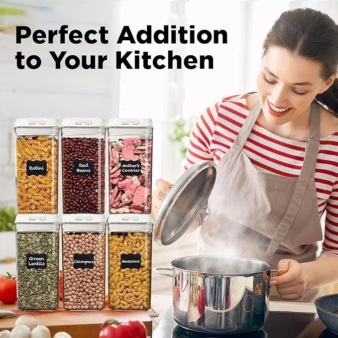 Shazo Airtight Food Storage Containers with Lids - 6 PC BPA Free Clear Plastic Cereal Containers with Easy Lock Lids for Kitchen and Pantry Organization for Snacks and Pasta - 1.2 L