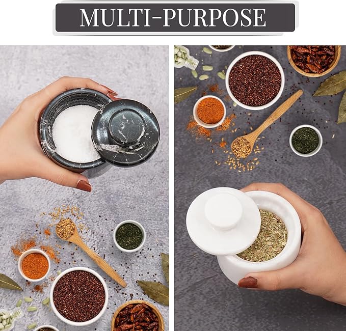 MARBLOUS KRAFTS Marble Salt Cellar with Lid 3" White and Black Zebra Spice Jar For kitchen Counter Stone Salt Container and Salt, Pepper Bowls, Perfect Mother’s Day Gift