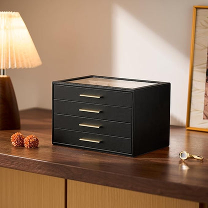 pickpiff Jewelry Box Organizer Case for Women: 4-Layer Jewelry Storage Case with Glass Window, Black Leather with Blush Velvet, Holder for Ring Necklace Bracelet Brooch Watch, Great Gift for Her