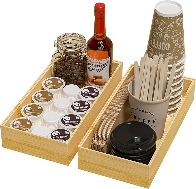Kitchen Drawer Organizer Bins, Stackable Bamboo Drawer Organizer for Silverware, Flatware, Coffee Pod Organizer K Cup Holder for Countertop, 2 Pcs Coffee Station Organizer 12" x 6" x 2.5"