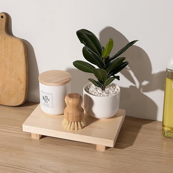 Bathroom Counter Organizer Wood Pedestal Stand Farmhouse Decorative Tray Soap Holder for Kitchen Decor, 9" x 6" - Burlywood
