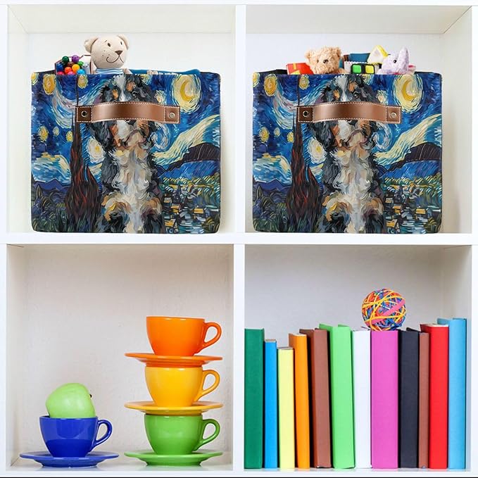 Large Storage Basket Berner Dog Starry Night Storage Bin Cube Canvas Fabric Organizer Handles Collapsible for Clothes Toys Bedroom Decorative