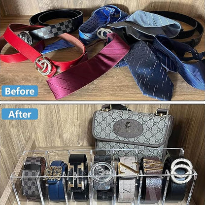 Belt Organizer for Closet, Acrylic Belt Organizer 7 Compartments Display Case for Tie and Bow Tie, Clear Belt Holder for Women Men Home