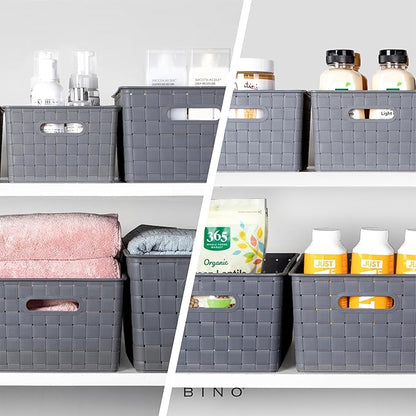 BINO | Plastic Storage Baskets Small - Grey | THE STABLE COLLECTION | Multi-Use Storage | Rectangular Cabinet Organizer | Baskets For Organizing with Handles | Home Office Organization and Storage