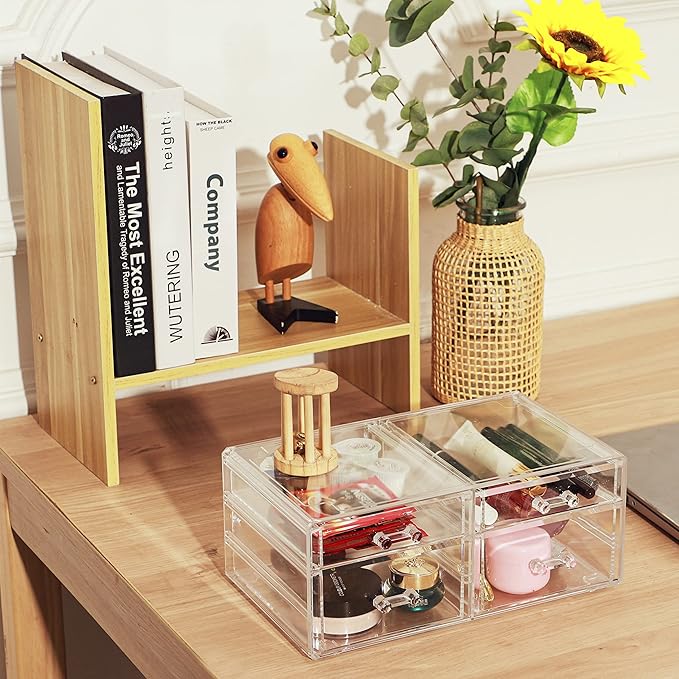 Cq acrylic Makeup Organizers with 4 Drawers,Rectangular Office Stationery Supplies Plastic Clear Storage Containers,Stackable Acrylic Drawers Suitable for Office,School,Home desk organizer