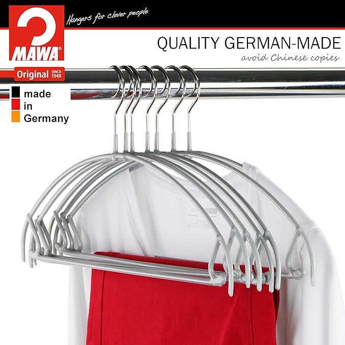 Mawa by Reston Lloyd Euro Ultra Light/Thin Series, Non-Slip Space Saving Clothes Hanger with Bar & Hook for Pants and Skirts, Style 42/PTU, Set of 2, Silver