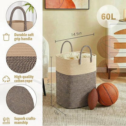 Laundry Basket,Woven Cotton Rope Laundry Hamper,Versatile Storage for Dirty Clothes,Baby Toys,and Blankets in Bathroom, Nursery,and Living Room (Jute, 60L)