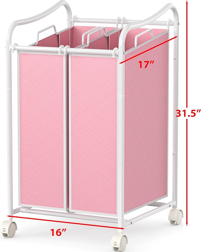 Simple Houseware 2-Bag Heavy Duty Rolling Laundry Sorter Cart, White/Pink – 2 Section Removable Bags and Lockable Wheels for Laundry Room Organization