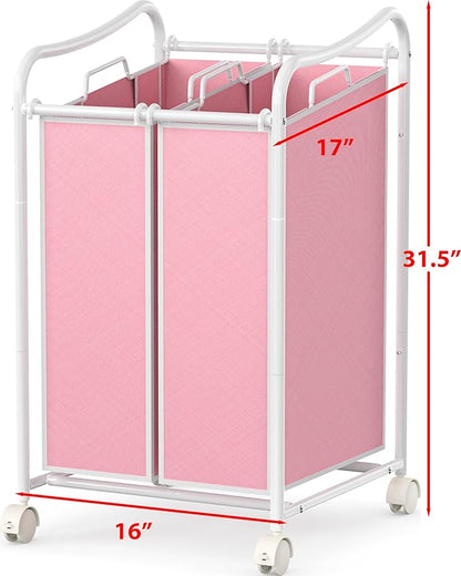Simple Houseware 2-Bag Heavy Duty Rolling Laundry Sorter Cart, White/Pink – 2 Section Removable Bags and Lockable Wheels for Laundry Room Organization