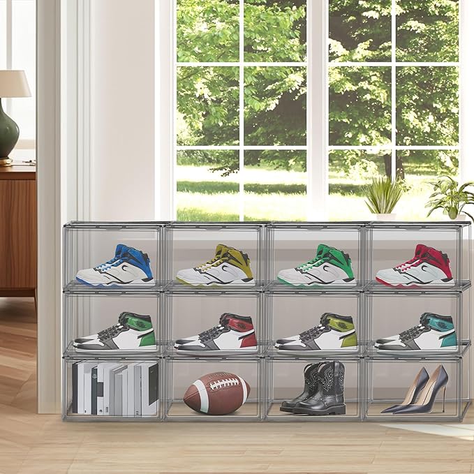 10 Pack Black Shoe Box Clear Shoe Organizer for Closet Acrylic Display Case Transparent Plastic Stackable Shoes Storage Box Handbag Organizer with Magnetic Lid, Size 14
