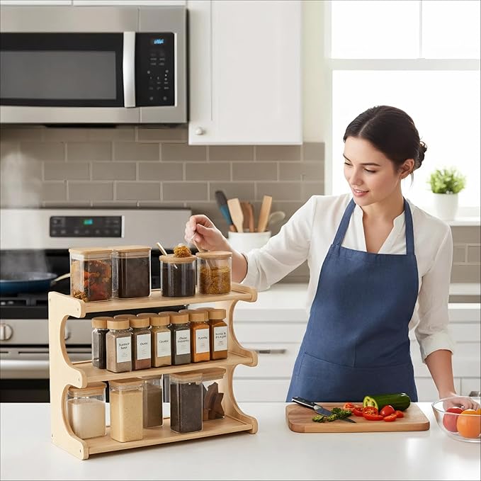Spice Rack, 3-Tier Bamboo Spice Rack Organizer for Countertops - Kitchen, Pantry and Cupboard Storage Organizer