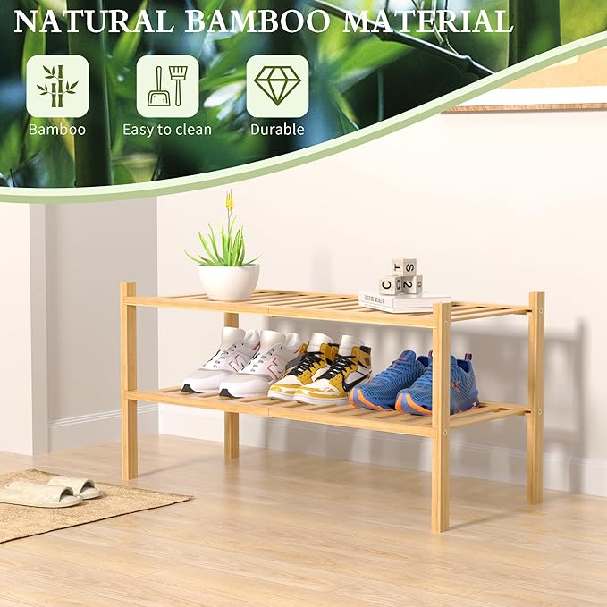 ROMGUAR CRAFT 2 Tier Bamboo Shoe Rack for Closet Free Standing Wood Shoe Shelf for Entryway Small Space Stackable 27"x11"x13" (Natural)