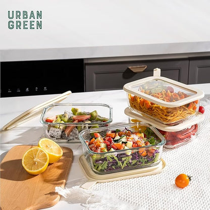 Urban Green Glass Food Storage Containers with Glass Lids, Microwave Safe Food Container Set, Airtight Food Container Set, LeakProof, 100% Plastic Free, White Color, 4pack