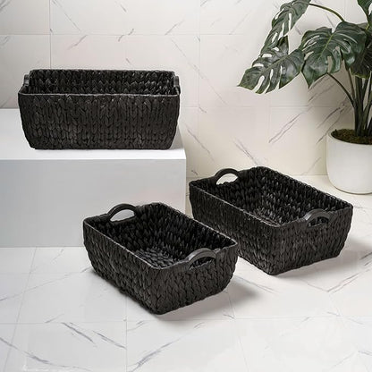 happimess BSK2020C-3SET Astor Bohemian Farmhouse Handwoven Water Hyacinth Nesting Storage Baskets with Wood Handles, Seagrass Containers for Decoration in Living Room, Bedroom, Black (Set of 3)
