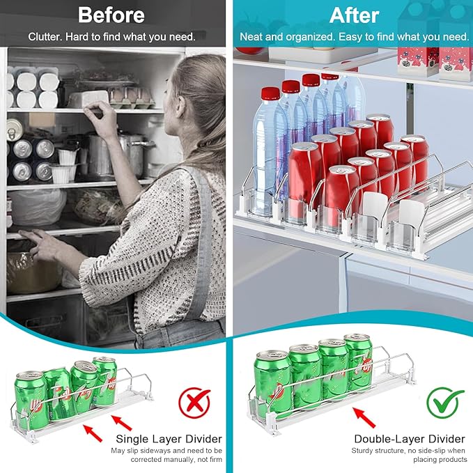 2 Pack Drink Organizer for Fridge, Self Pushing Fridge Drink Organizer, Self Pushing Soda Dispenser for Refrigerator, Automatic Drink Dispenser for Fridge, Holds up to 50 Cans (10 Rows)