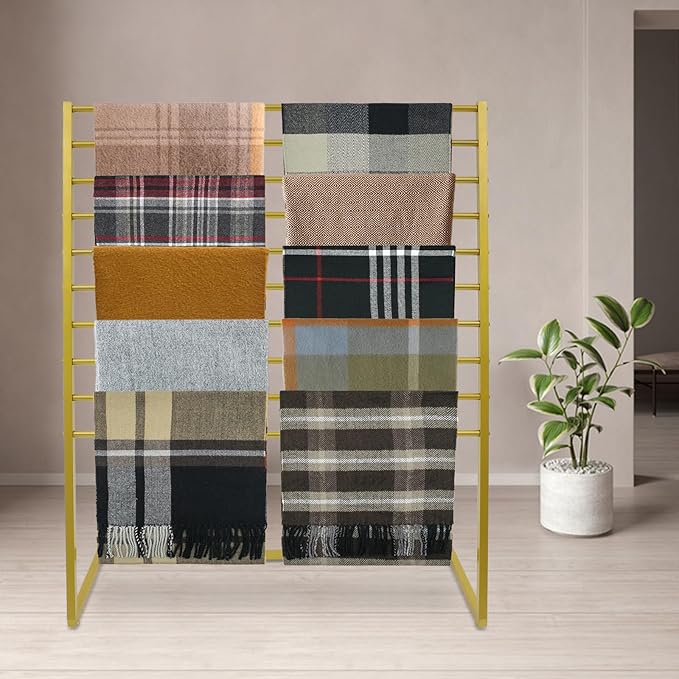 10 Tier Scarf Display Stand, 47.24In Metal Scarf Holder Organizer, Freestanding Scarf Rack for Commercial Clothing Retail Store Towel Rack Ties Belt Pants Hanging Rack (Golden)