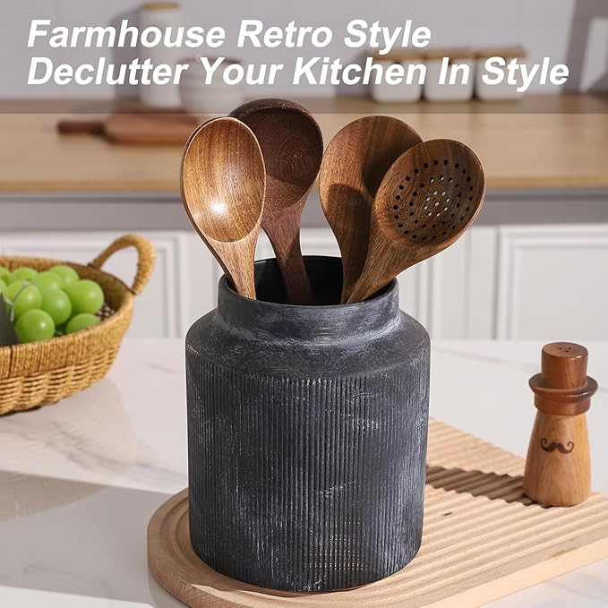Farmhouse Ceramic Farmhouse Kitchen Utensil Holder for Countertop, Rustic Cooking Utensil Holder Crock Fit for Kitchen Counter. Bronze 6.1 x 6.1 x 7 IN