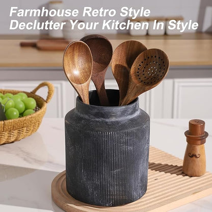 Farmhouse Ceramic Farmhouse Kitchen Utensil Holder for Countertop, Rustic Cooking Utensil Holder Crock Fit for Kitchen Counter. Bronze 6.1 x 6.1 x 7 IN