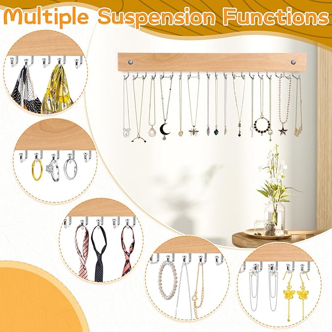 4 Pack Necklace Holder Wall Mount, Wooden Hanging Jewelry Organizer with 80 Hooks Total, Space Saving Necklace Holder for Wall, Necklace Wall Hanger for Necklaces, Bracelets, Pendant