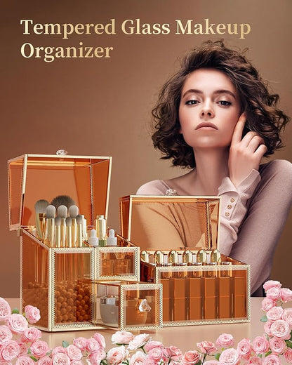 CoralHouse Makeup Organizer Countertop Set – Vanity Holder with 18-Slot Lipstick Organizer & Covered Makeup Brush Holder – Skincare, Perfume & Cosmetic Display for Bathroom or Dresser