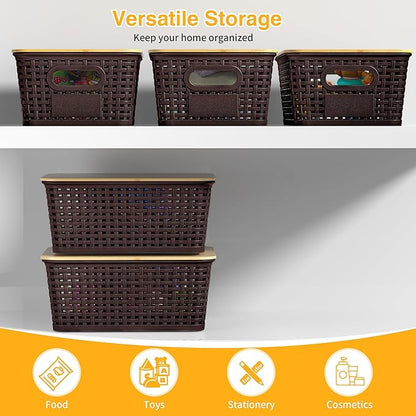 Plastic Storage Baskets with Bamboo Lids and Labels, Stackable Storage Containers, Storage Bins for Organizing Shelves Drawers Desktop Closets Office, 6 Packs-Brown