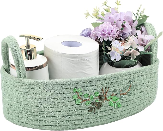 Vesici Eucalyptus Embroidered Cotton Rope Toilet Paper Basket, Boho Bathroom Counter Organizer with Handles, Green Storage Caddy for Toiletries Bedroom Organizing, 13 x 6 x 4 Inch
