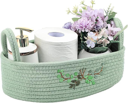 Vesici Eucalyptus Embroidered Cotton Rope Toilet Paper Basket, Boho Bathroom Counter Organizer with Handles, Green Storage Caddy for Toiletries Bedroom Organizing, 13 x 6 x 4 Inch