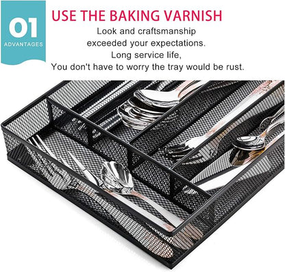 JANE EYRE Utensil Drawer Organizer, Cutlery Tray Silverware Flatware Storage Divider for Kitchen, Mesh Wire with Non-slip Foam Feet, 5 Component, Black