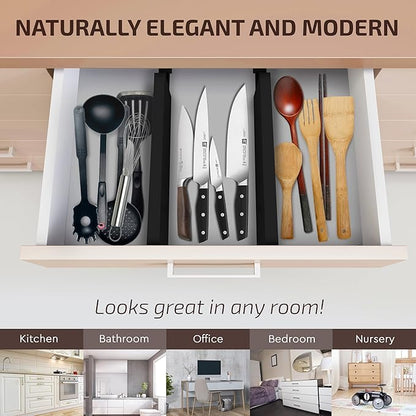 6-Pack Drawer Dividers - 2.6 Inches High, Adjustable 16 to 22 Inches Bamboo Drawer Organizer, Large Expandable Separator for Clothes, Dresser, Bedroom, Bathroom, Baby, Office, Kitchen Utensils, Black
