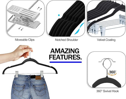 GVTECH Velvet Hangers with Clips, [24 Pack] Metal Clip Hangers for Pants - Notched Velvet Skirt Hangers for Pants, Skirts, Suit, Dresses & Shirts 360° Swivel Hook - Non Slip Felt Hangers (Black)