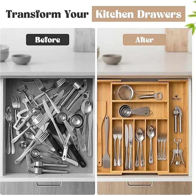 AB Home & Beauty Expandable Bamboo Drawer Organizer for Kitchen Utensils - Adjustable Silverware Organizer, Non-Slip Bamboo Cutlery Tray, Eco-Friendly Kitchen Drawer Storage