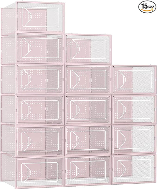 Foluck Shoe Storage Box, 15 Pack Clear Plastic Stackable Shoe Organizer for Closet, Interlocking Design Shoe Container Bins for Sneakers, Foldable Shoe Rack with Lids, Pink