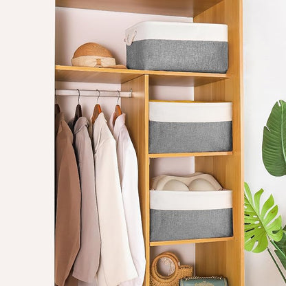 Storage Bins with Sturdy Cotton Handles(1 Pack), Fabric Storage Baskets for Organizing use for Office & Home, Book, Clothes, Toys, Closet Boxes (Large, Grey-White, 15.7x11.8x7.9 inches)