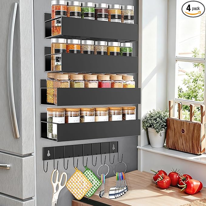 SMRCAD Magnetic Spice Rack for Refrigerator Seasoning Organizer for Spice Fridge Shelf storage Magnetic Shelf with Hook for Oven (BLACK, 5pack)