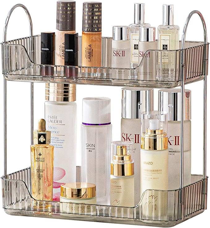 shuang qing 2 Tier Bathroom Counter Organizer Countertop Storage, Cosmetics Skincare Shelf Organizer, Makeup Organizer Perfume for Dresser Vanity Tray, Spice Rack Organizer for Kitchen (Grey)