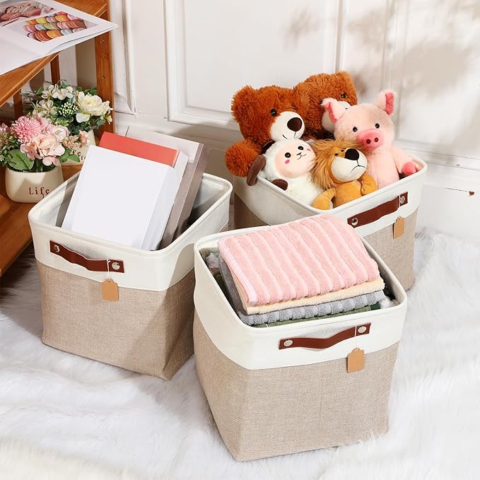 Uiifan 10 Pcs Collapsible Storage Bins Fabric Foldable Storage Basket with Handles Cloth Organizer Linen Shelf Baskets for Shelves Home Closet Nursery Toys(12 x 12 x 12 Inch,Beige and White)