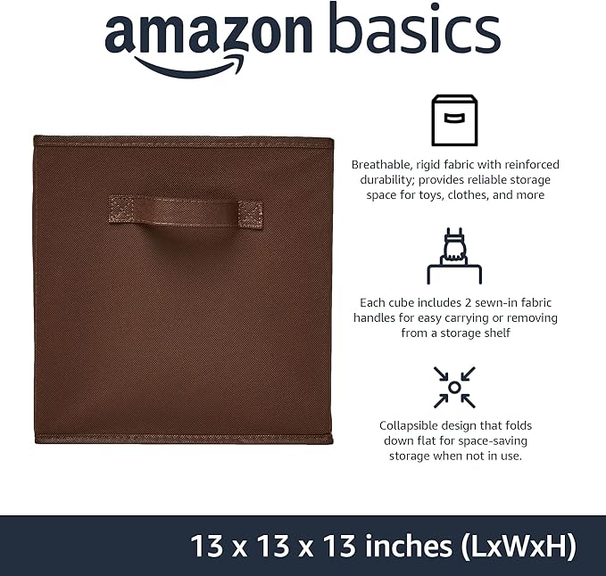 Amazon Basics Collapsible Fabric Storage Bins with Handles, Cube Organizer for Home Organization, 13" x 13" x 13", Brown, 6-Pack