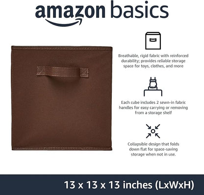Amazon Basics Collapsible Fabric Storage Bins with Handles, Cube Organizer for Home Organization, 13" x 13" x 13", Brown, 6-Pack