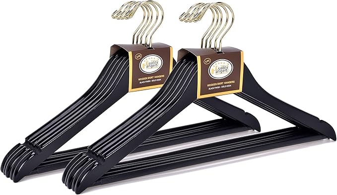 Quality Black Wooden Hanging Set - Curved Hangers with Stylish Chrome Hooks (Heavy-Duty, 10-Pack)