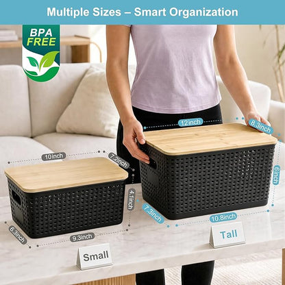 Bagnizer 2 Pack Tall Plastic Storage Bins with Bamboo Lids, 10.8qt Stackable Storages Baskets for Organizing Desktop Closet Playroom Classroom Office, 12"L x 8.3"W x 6.1"H, Black