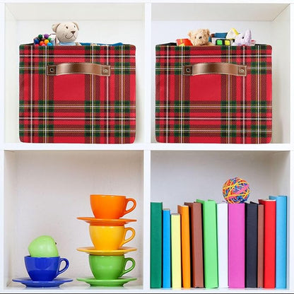 Red Green Tartan Plaid Christmas Large Storage Basket Cube Storage Bin Canvas Fabric Organizer Handles Collapsible Decorative for Clothes Bedroom