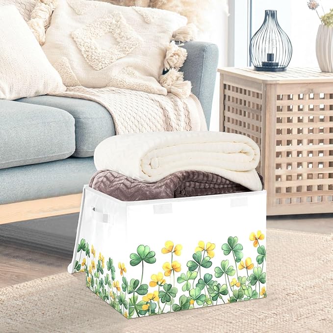 senya St. Patrick's Day Baskets Collapsible Storage Bins with Lids, Border Of Green Clover Yellow Flowers Storage Boxes Clothes Baskets for Organizing