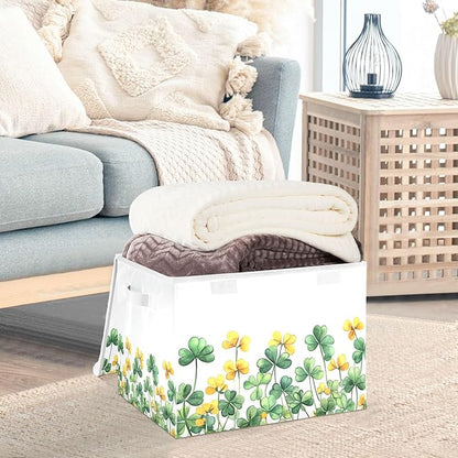 senya St. Patrick's Day Baskets Collapsible Storage Bins with Lids, Border Of Green Clover Yellow Flowers Storage Boxes Clothes Baskets for Organizing