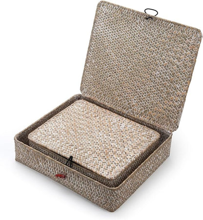 Whitewash Seagrass Basket with Lid Rectangular Decorative Storage Boxes for Shelf Organize Snack Toys Set of 2 (Large+Small)