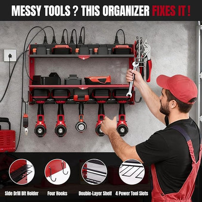 Modular Power Tool Organizer Wall Mount with Charging Station, 3-Layer Heavy Duty Drill Holder Rack & 8-Outlet Power Strip for Garage Workshop Storage
