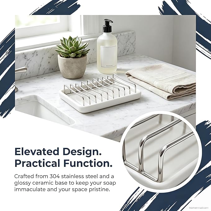 Ceramic Soap Dish with Stainless Steel Drain Tray Self Draining Soap Holder Sponge Holder Soap Dishes for Shower, Bathroom, Kitchen Sink